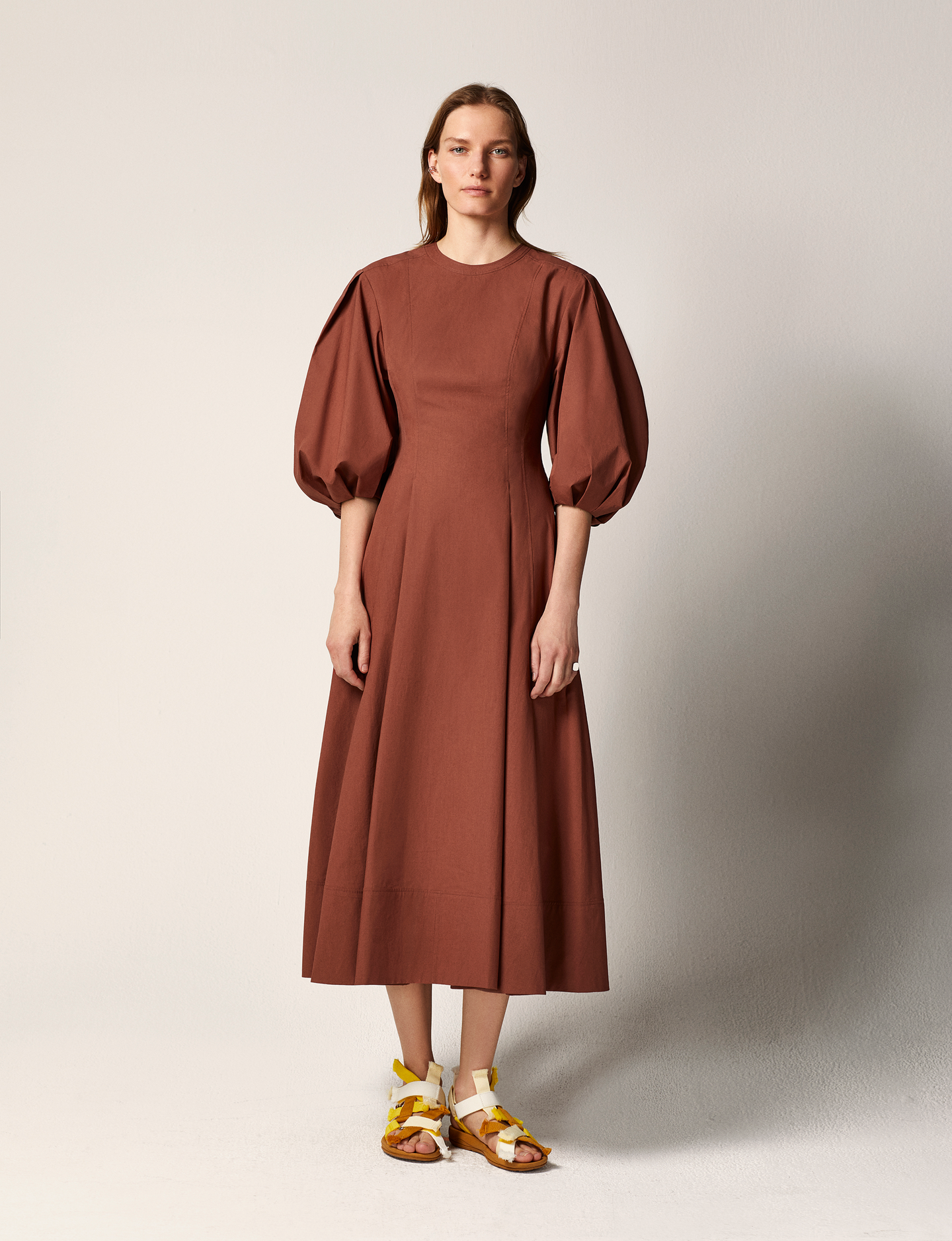 Another Tomorrow Puff Sleeve Dress in Terracotta – Cotton Women's Dress