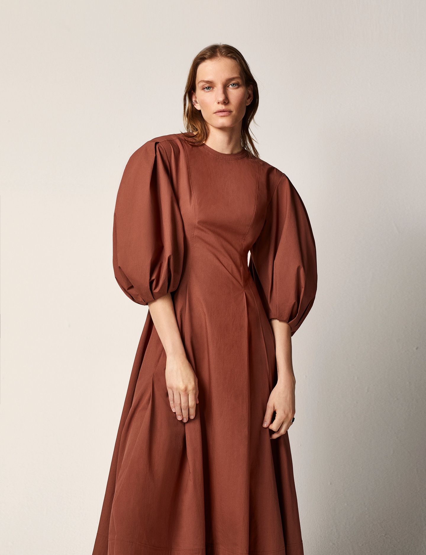Another Tomorrow Puff Sleeve Dress in Terracotta – Cotton Women's Dress