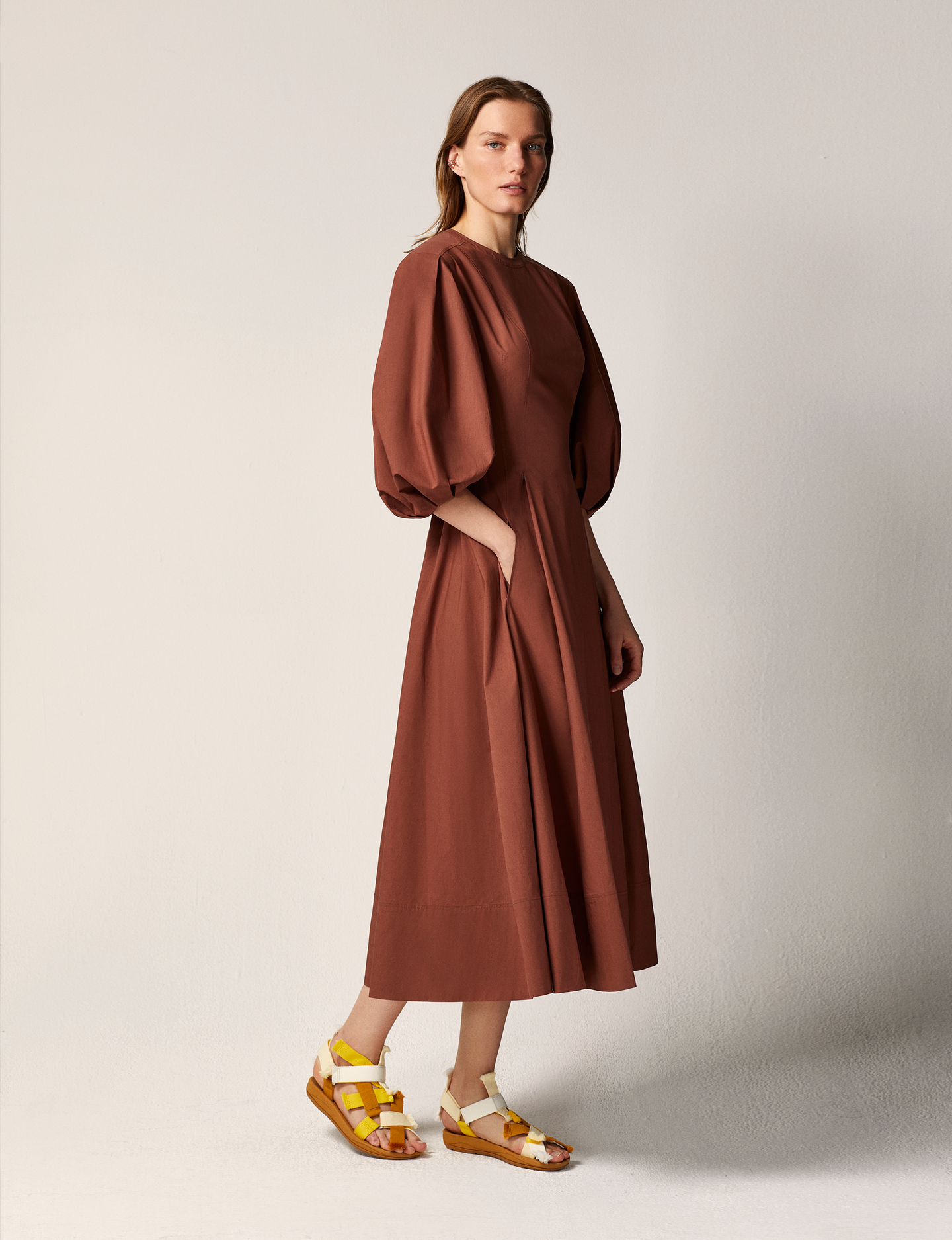 Another Tomorrow Puff Sleeve Dress in Terracotta – Cotton Women's Dress